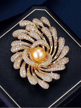 Anthropologie Gold Crystal Flower Brooch with Golden Pearl Center